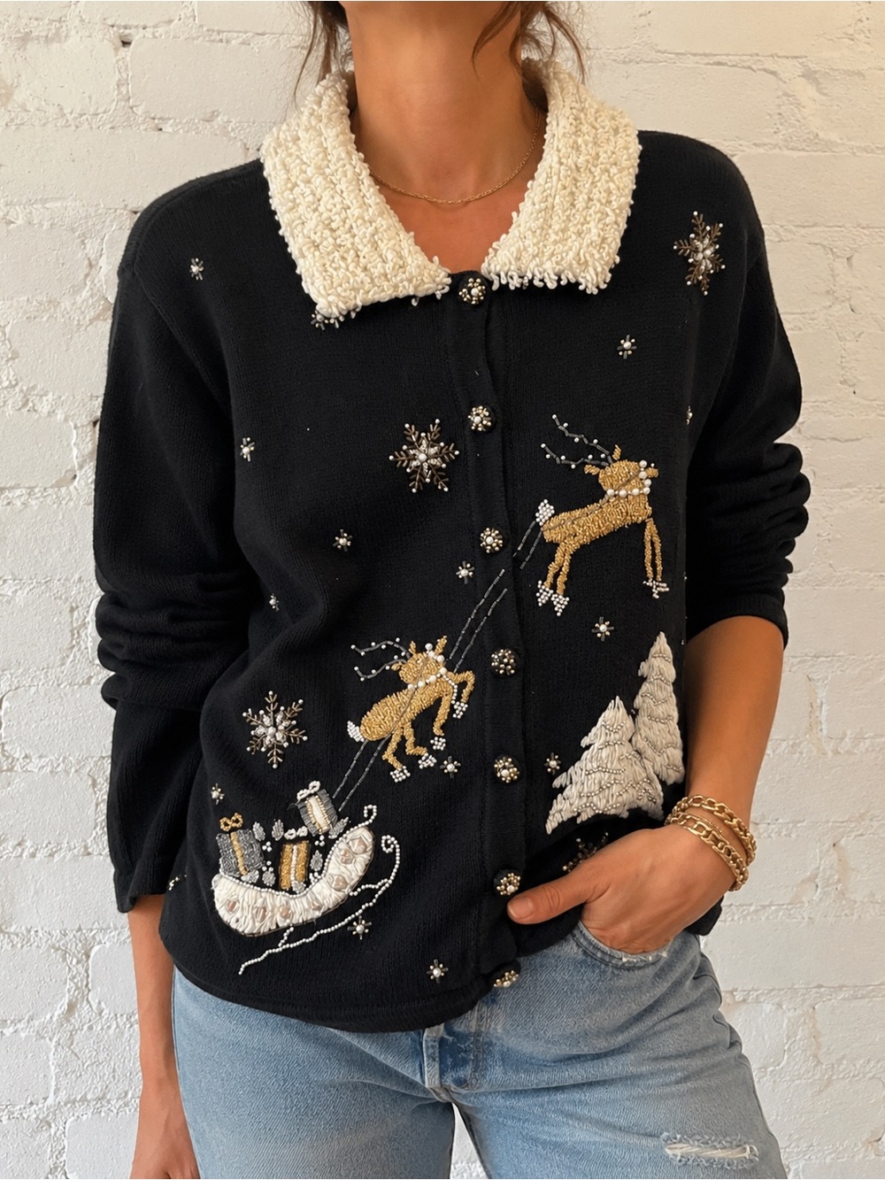 Vintage Basic Editions Black Gold Christmas Sweater Reindeer Sleigh Large